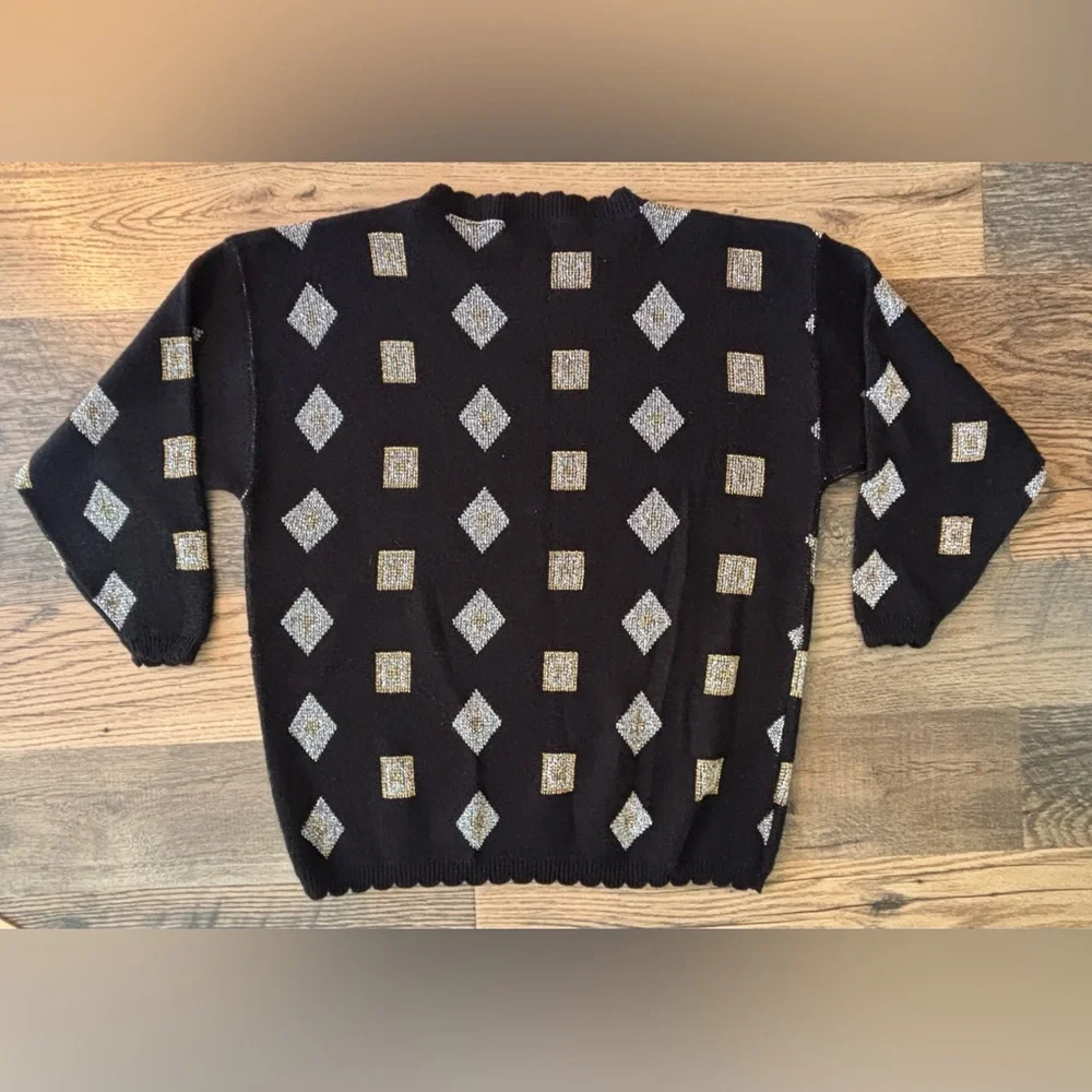 VTG 80’s Sparkly Oversized Chunky Sweater Acrylic Metallic Ribbon‎ Bow Granny